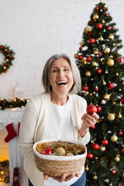 Joyful middle aged woman with grey hair holding wicker basket and baubles near christmas tree — Stock Photo