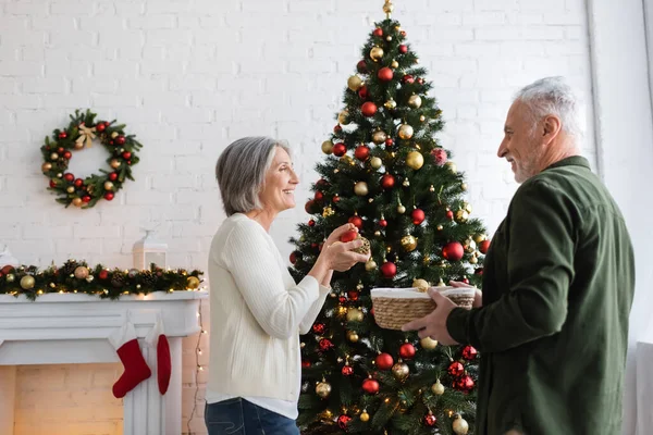 Mujer madura sonriente con pelo gris decorando el árbol de Navidad y mirando al marido sosteniendo la cesta de mimbre - foto de stock