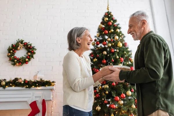 Glückliches Paar mittleren Alters hält Weidenkorb neben geschmücktem Weihnachtsbaum — Stockfoto