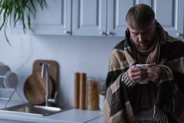 Депресивний і заморожений чоловік під теплим покриттям, що тримає чашку гарячого чаю на кухні — стокове фото