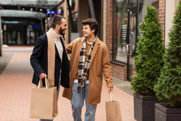 Excitado gay los hombres con compras bolsas mirando uno al otro cerca de verde plantas en calle - foto de stock