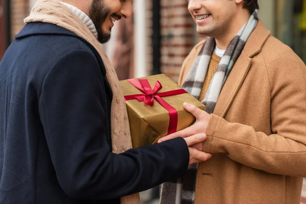 Corte vista de sorrindo gay casal na moda roupas segurando Natal caixa de presente na rua turva — Fotografia de Stock