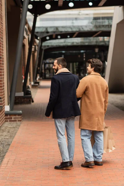 Вид на модную гей-пару с сумками на городской улице — стоковое фото