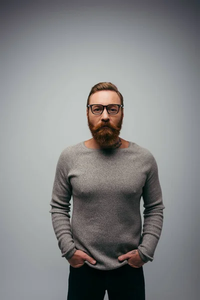 Стильний бородатий чоловік у джемпер тримає руки в кишенях штанів ізольовані на сірому — стокове фото