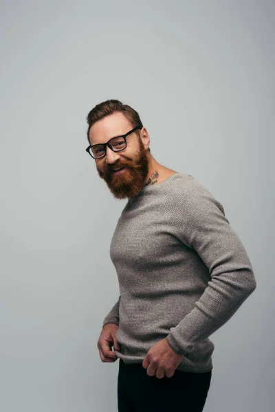 Веселий бородатий чоловік в окулярах регулює джемпер і дивиться на камеру ізольовано на сірому — стокове фото