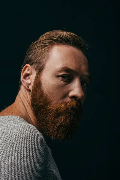 Портрет бородатого мужчины в сером свитере, смотрящего на камеру, изолированную на черном — стоковое фото