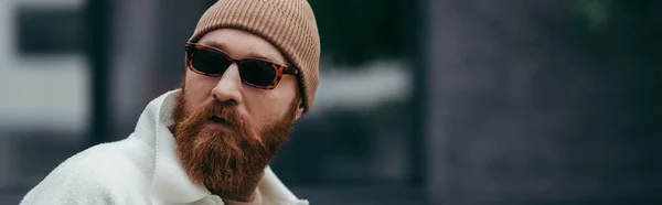 Bearded hipster in stylish sunglasses and beanie hat looking away, banner — Stock Photo