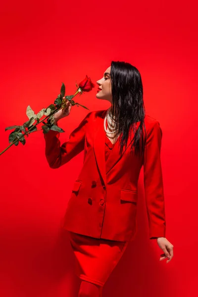 Seitenansicht der brünetten Frau in Jacke und Halskette riechende Rose auf rotem Hintergrund — Stockfoto