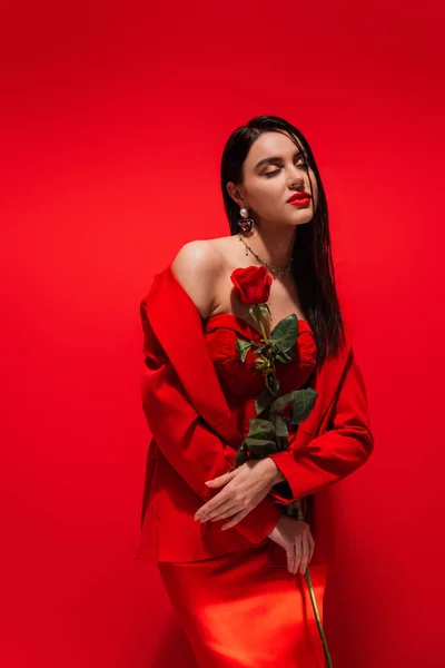 Елегантна брюнетка в куртці тримає квітку троянди на червоному тлі — стокове фото