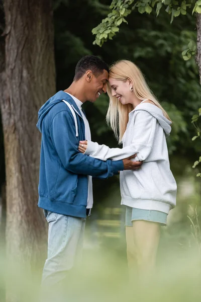Side view of smiling interracial couple in hoodies standing head to head in park — Stock Photo