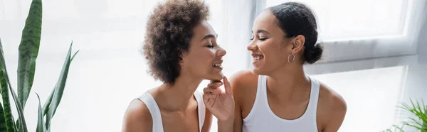 Cheerful african american lesbian woman touching chin of happy girlfriend, banner — Stock Photo