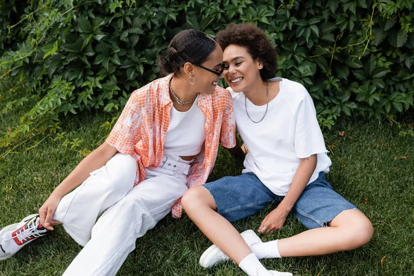 Stylische afrikanisch-amerikanische lesbische Frau mit Sonnenbrille, die glückliche Freundin ansieht, während sie auf dem Rasen sitzt — Stockfoto