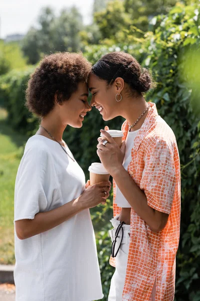 Feliz africano americano lesbiana pareja holding papel tazas con café a ir en parque - foto de stock