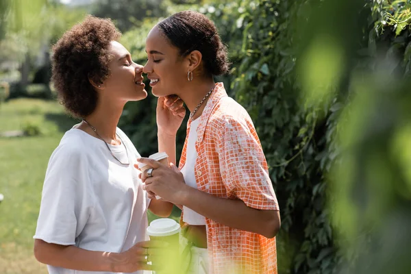 Happy african american lesbian couple holding paper cups while kissing in park — Stock Photo