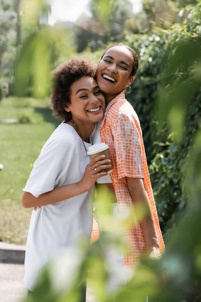Feliz africano americano lesbiana pareja holding café a ir en parque - foto de stock
