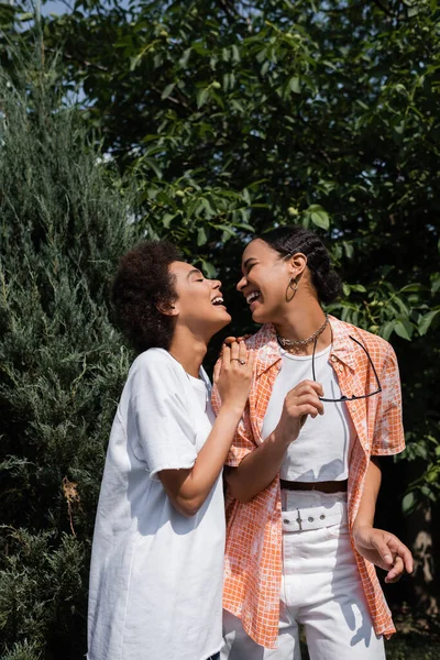 Curly african american woman hugging lesbian partner with stylish sunglasses in green park — Stock Photo