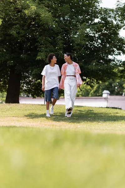 Full length of young african american woman holding hands and walking with lesbian partner in green park — Stock Photo