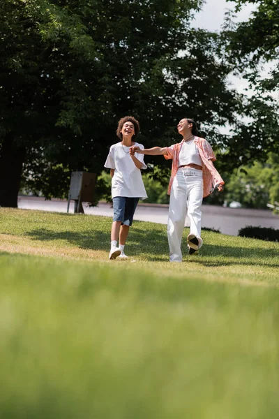 Longitud completa de las mujeres lesbianas afroamericanas felices cogidas de la mano y caminando en el parque verde - foto de stock