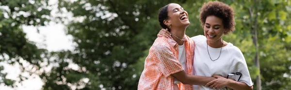 Joyful african american lesbian woman hugging happy girlfriend and laughing in green park, banner — Stock Photo
