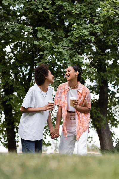 Fröhliche afrikanisch-amerikanische lesbische Frauen Händchen haltend und mit Pappbechern im Park stehend — Stockfoto