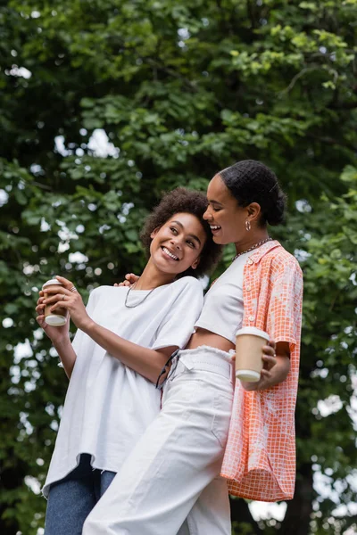 Mulheres lésbicas americanas africanas alegres segurando copos de papel no parque — Fotografia de Stock