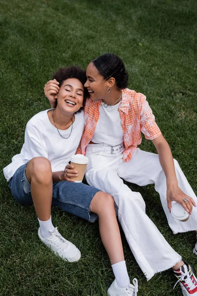 Alegre afroamericano lesbianas mujeres sosteniendo papel tazas y sentado en hierba en parque - foto de stock