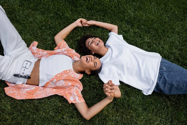 Vista dall'alto di positive donne lesbiche africane americane che si tengono per mano e sdraiate sull'erba — Foto stock