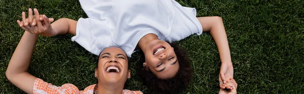 Вид зверху на позитивних афроамериканських лесбійок, що тримаються за руки і лежать на траві, банер — стокове фото