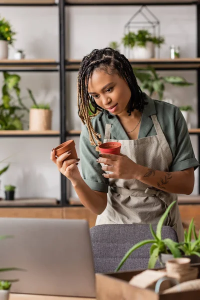 Young african american woman in apron holding flowerpots near laptop during video call in flower shop — Stock Photo