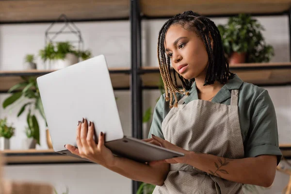 African american florist with dreadlocks standing with laptop near rack with green plants on blurred background — Stock Photo