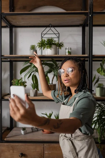 Young african american florist in eyeglasses holding smartphone and pointing at green potted plant during video call — Stock Photo