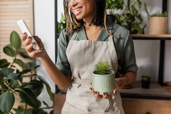 Обрізаний вид усміхненого афроамериканського флориста з горщиками завод тримає мобільний телефон під час онлайн-замовлення — стокове фото