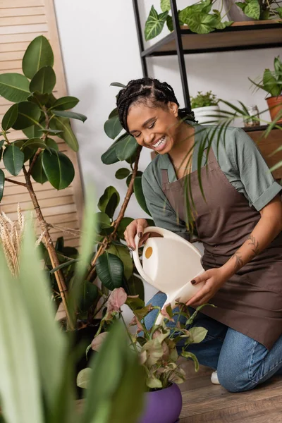 Cheerful african american florist in apron watering plant in flower shop on blurred foreground — Stock Photo