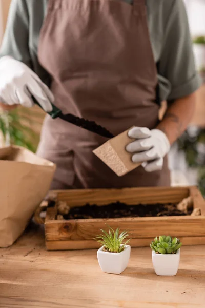 Partial view of african american florist in work gloves filling flowerpot with soil near small plants on wooden table — Stock Photo