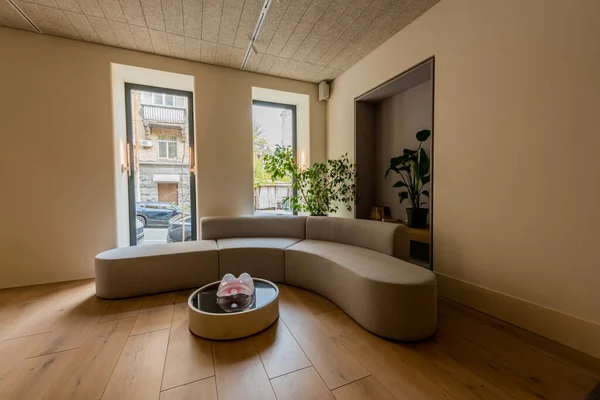 Modern sofa and coffee table near green plants in luxury hotel lobby — Photo de stock