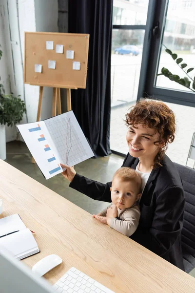 High angle view of happy businesswoman holding folder with infographics while sitting at work desk with toddler girl — Stockfoto