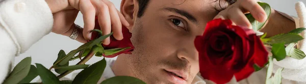 Portrait of man obscuring face with red rose and looking at camera on blurred foreground isolated on grey, banner — Stock Photo