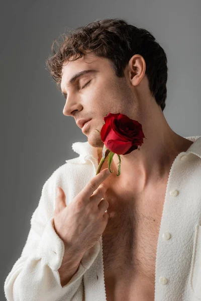 Sexy man in white jacket on shirtless body holding red rose near face while posing with closed eyes isolated on grey — Stock Photo
