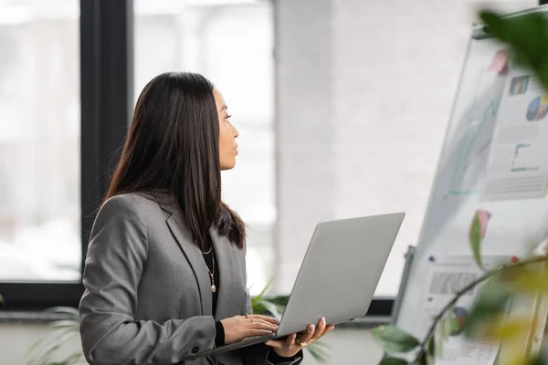 Side view of asian interior designer using laptop near blurred flip chart in office — Stock Photo