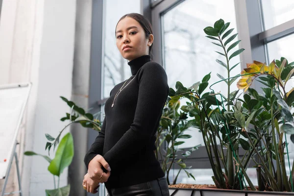 Low angle view of young asian interior designer looking at camera in studio — Stock Photo
