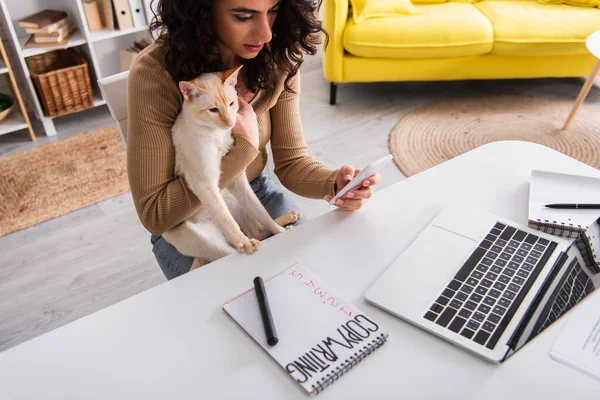 Copywriter morena usando smartphone e segurando gato oriental em casa — Fotografia de Stock