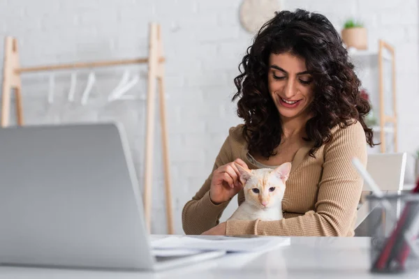 Copywriter petting oriental cat near blurred laptop and papers at home — Stock Photo