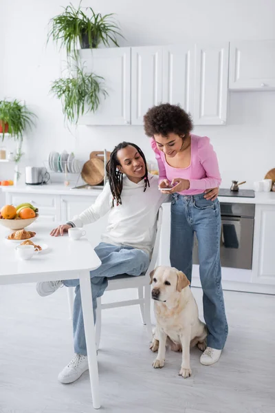 Mulher americana africana alegre usando smartphone perto de namorado e labrador na cozinha de manhã — Fotografia de Stock