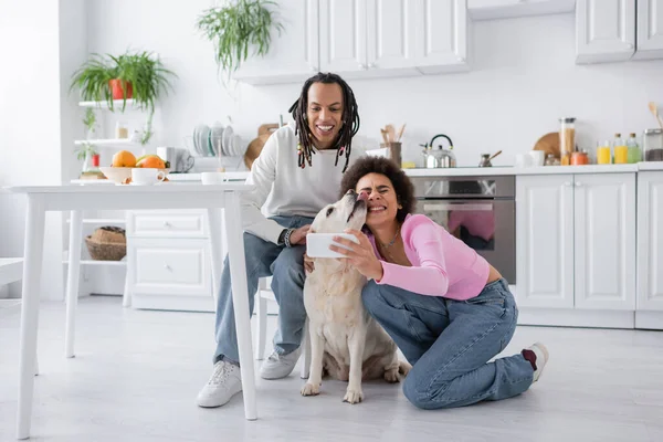 Smiling african american couple taking selfie with labrador in kitchen — Stock Photo