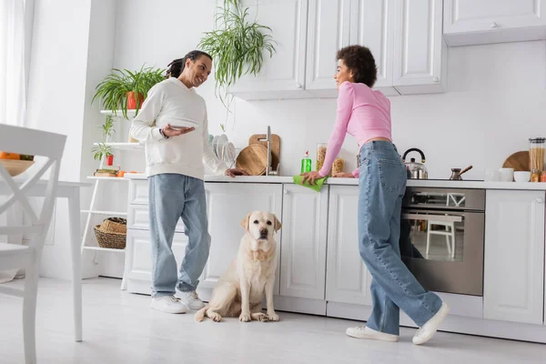 Un couple afro-américain positif nettoie la cuisine près du labrador — Photo de stock