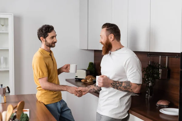 Gay couple with cups of coffee holding hands in kitchen at home — Foto stock