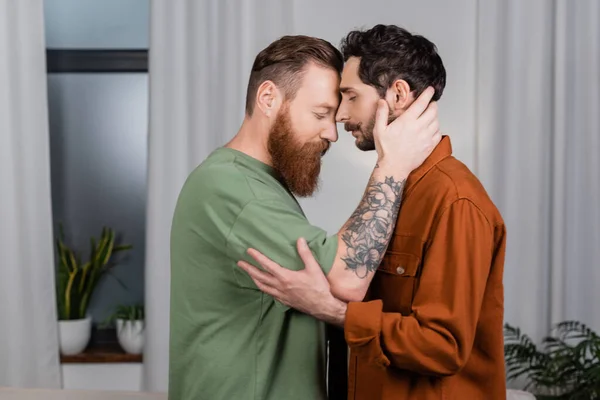 Vista lateral do casal gay barbudo abraçando na sala de estar — Fotografia de Stock