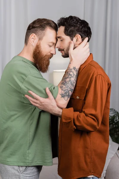 Vista lateral de la pareja barbuda del mismo sexo abrazándose en la sala de estar - foto de stock