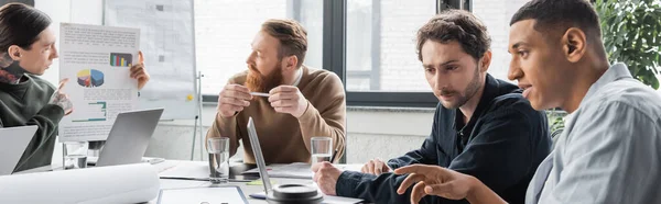 Багатоетнічні бізнесмени використовують ноутбук біля колег під час бізнес-тренінгу в офісі, банер — стокове фото