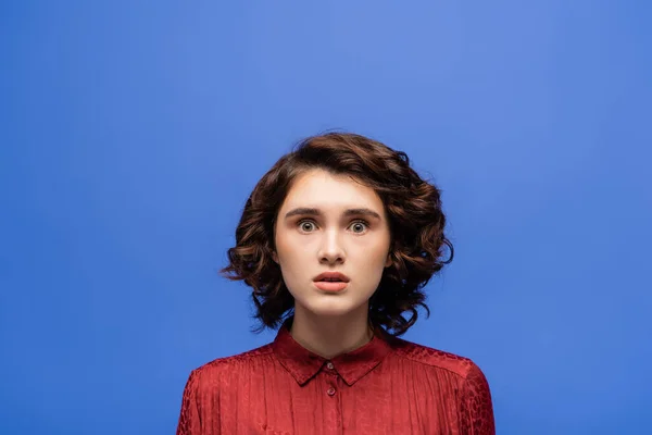 Shocked young woman with short curly hair looking at camera isolated on blue — Stock Photo